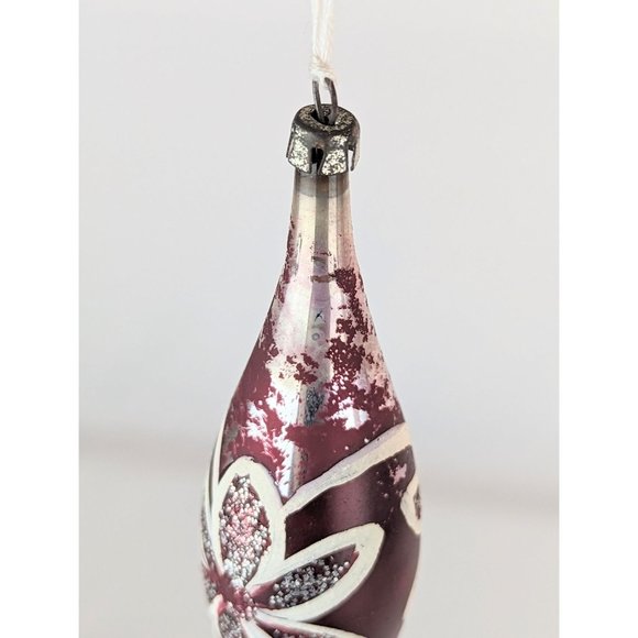 Vintage 50s MCM Burgundy Red Silver White Teardrop Glass Ornament Shiny Glitter - Picture 2 of 4